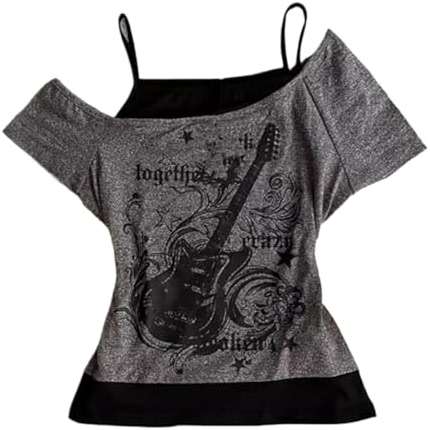 Emo Grunge Shirts Women 2000s Graphic Baby Tees Fake Two Piece Short Sleeve Vintage Y2k Crop Top Goth Alt Clothes - Image 1