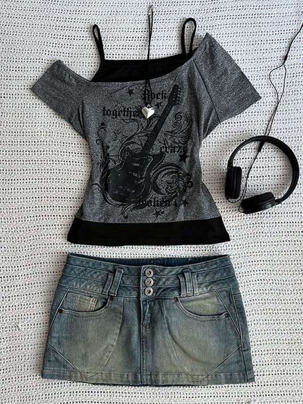 Emo Grunge Shirts Women 2000s Graphic Baby Tees Fake Two Piece Short Sleeve Vintage Y2k Crop Top Goth Alt Clothes - Image 3