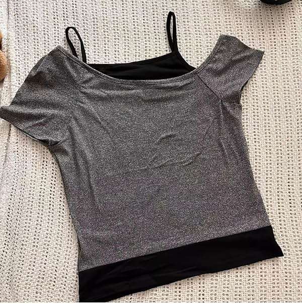 Emo Grunge Shirts Women 2000s Graphic Baby Tees Fake Two Piece Short Sleeve Vintage Y2k Crop Top Goth Alt Clothes - Image 4