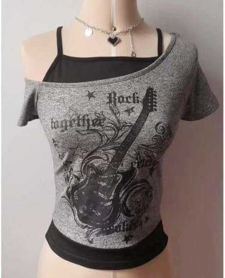 Emo Grunge Shirts Women 2000s Graphic Baby Tees Fake Two Piece Short Sleeve Vintage Y2k Crop Top Goth Alt Clothes - Image 5