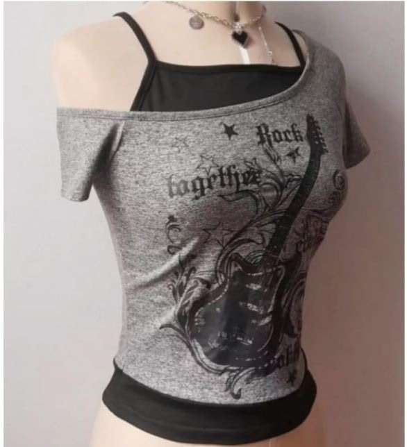 Emo Grunge Shirts Women 2000s Graphic Baby Tees Fake Two Piece Short Sleeve Vintage Y2k Crop Top Goth Alt Clothes - Image 6