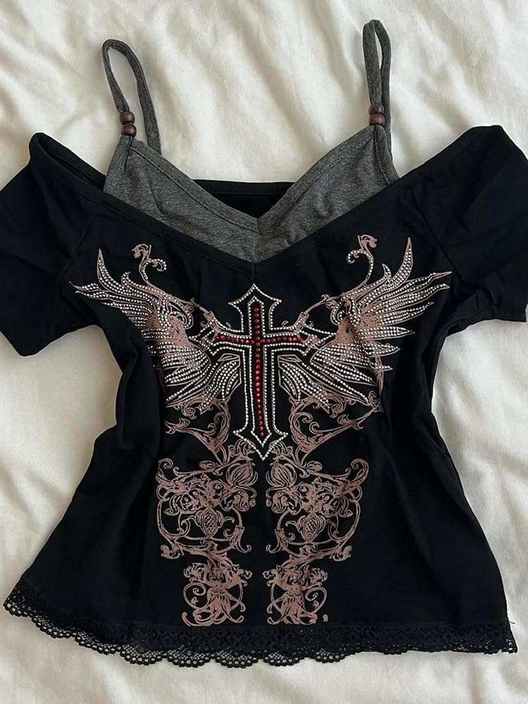 Emo Grunge Shirts Women 2000s Graphic Baby Tees Fake Two Piece Short Sleeve Vintage Y2k Crop Top Goth Alt Clothes - Image 2