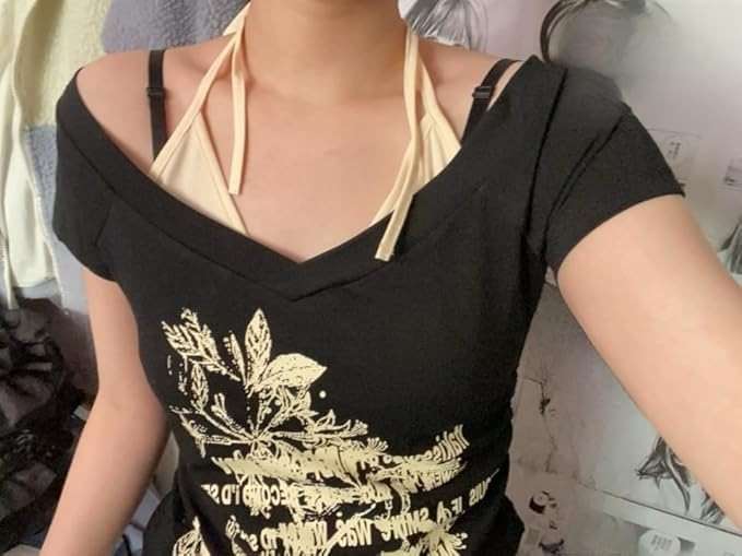 Emo Grunge Shirts Women 2000s Graphic Baby Tees Fake Two Piece Short Sleeve Vintage Y2k Crop Top Goth Alt Clothes - Image 3