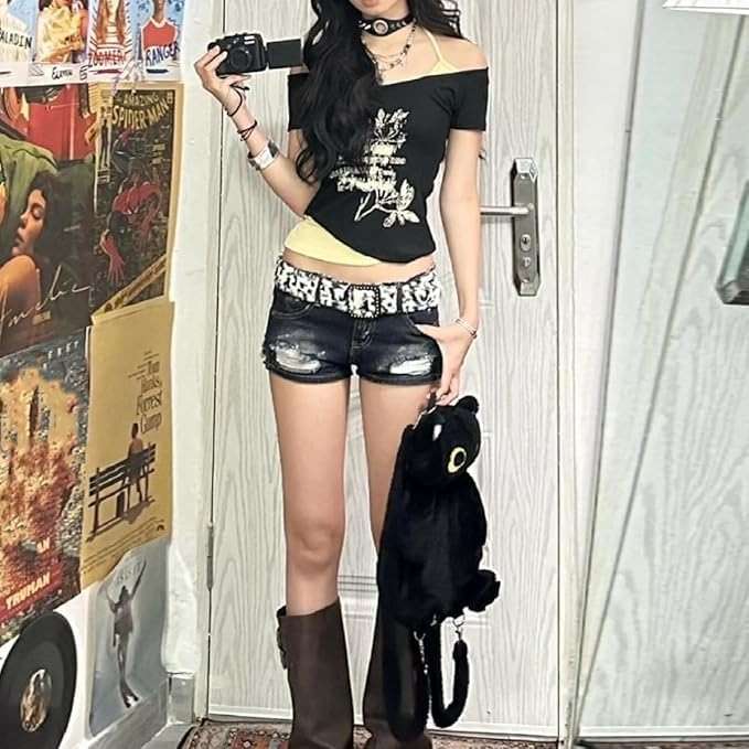 Emo Grunge Shirts Women 2000s Graphic Baby Tees Fake Two Piece Short Sleeve Vintage Y2k Crop Top Goth Alt Clothes - Image 4