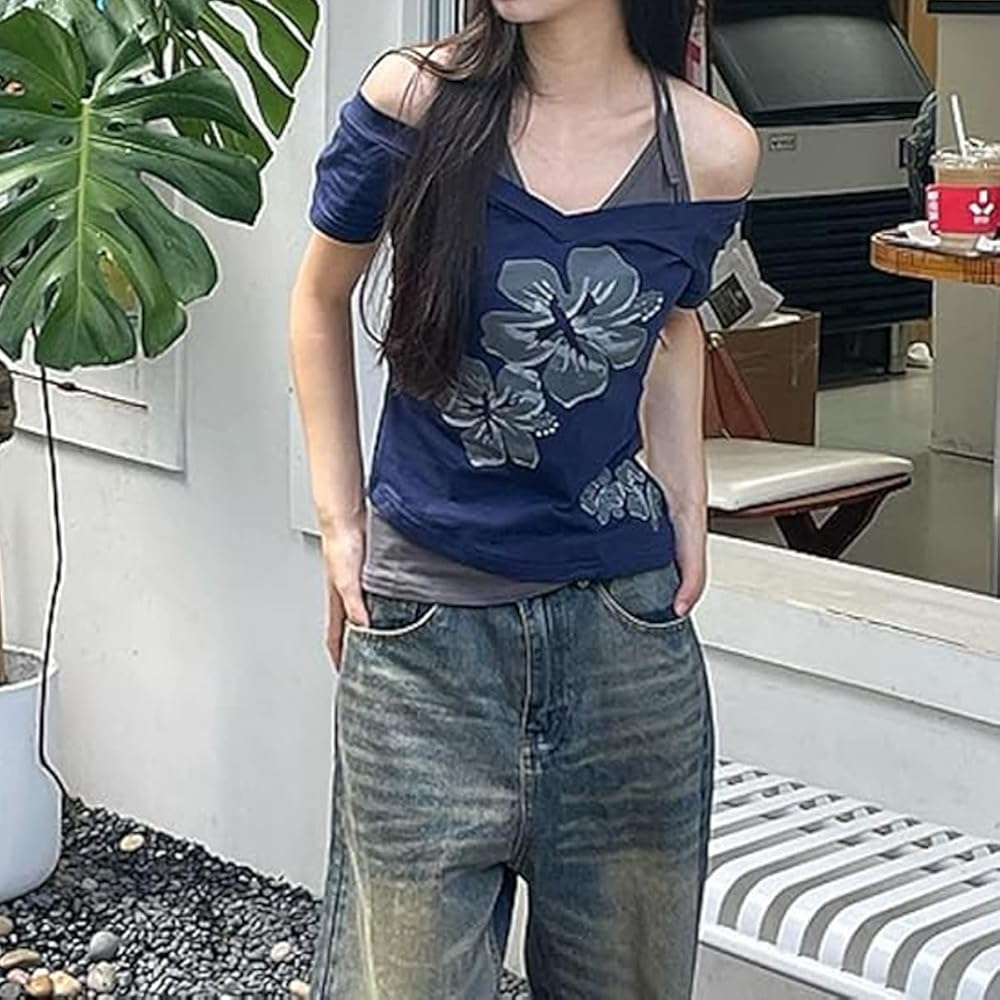 Emo Grunge Shirts Women 2000s Graphic Baby Tees Fake Two Piece Short Sleeve Vintage Y2k Crop Top Goth Alt Clothes - Image 5