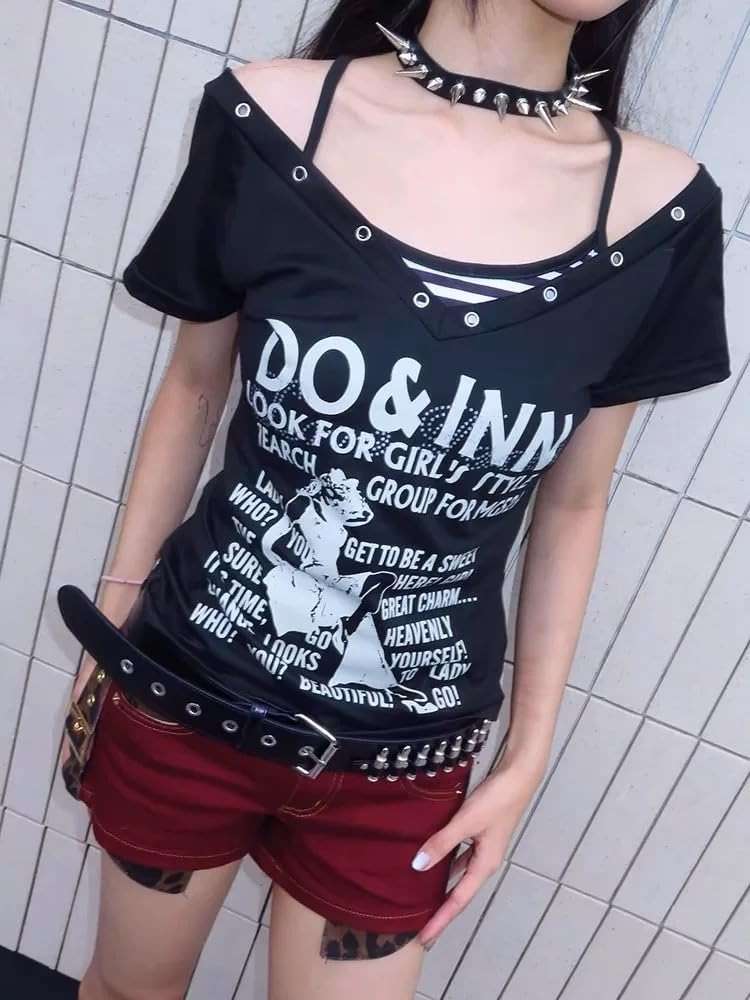 Emo Grunge Shirts Women 2000s Graphic Baby Tees Fake Two Piece Short Sleeve Vintage Y2k Crop Top Goth Alt Clothes - Image 6