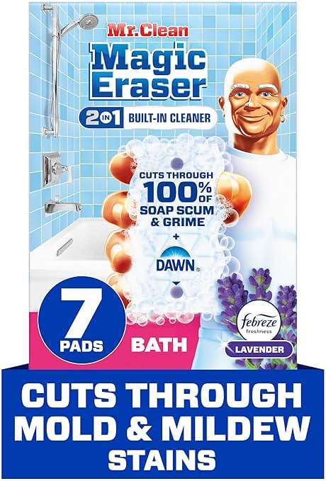 Mr. Clean Magic Eraser Sponge, Bathroom Cleaner, Shower Cleaner, Tub Cleaner, Soap Scum Remover, Bathroom Cleaning Supplies, Dawn Cleaning Power with Febreze Lavender Scent, 2 in 1 Bath, 7ct - Image 1