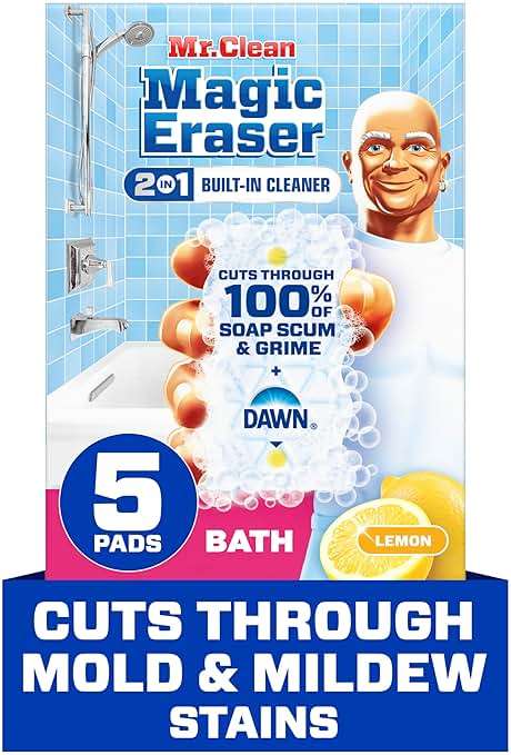 Mr. Clean Magic Eraser Sponge, Bathroom Cleaner, Shower Cleaner, Tub Cleaner, Soap Scum Remover, Bathroom Cleaning Supplies, Dawn Cleaning Power with Lemon Scent, 2 in 1 Bath, 5ct - Image 1