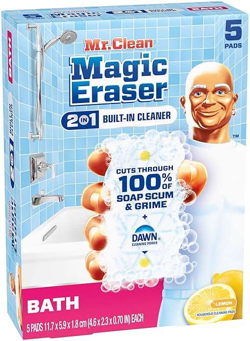 Mr. Clean Magic Eraser Sponge, Bathroom Cleaner, Shower Cleaner, Tub Cleaner, Soap Scum Remover, Bathroom Cleaning Supplies, Dawn Cleaning Power with Lemon Scent, 2 in 1 Bath, 5ct - Image 11