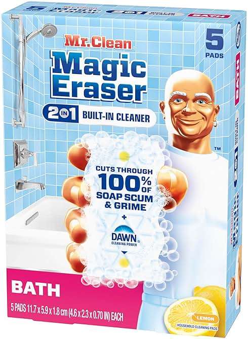 Mr. Clean Magic Eraser Sponge, Bathroom Cleaner, Shower Cleaner, Tub Cleaner, Soap Scum Remover, Bathroom Cleaning Supplies, Dawn Cleaning Power with Lemon Scent, 2 in 1 Bath, 5ct - Image 12