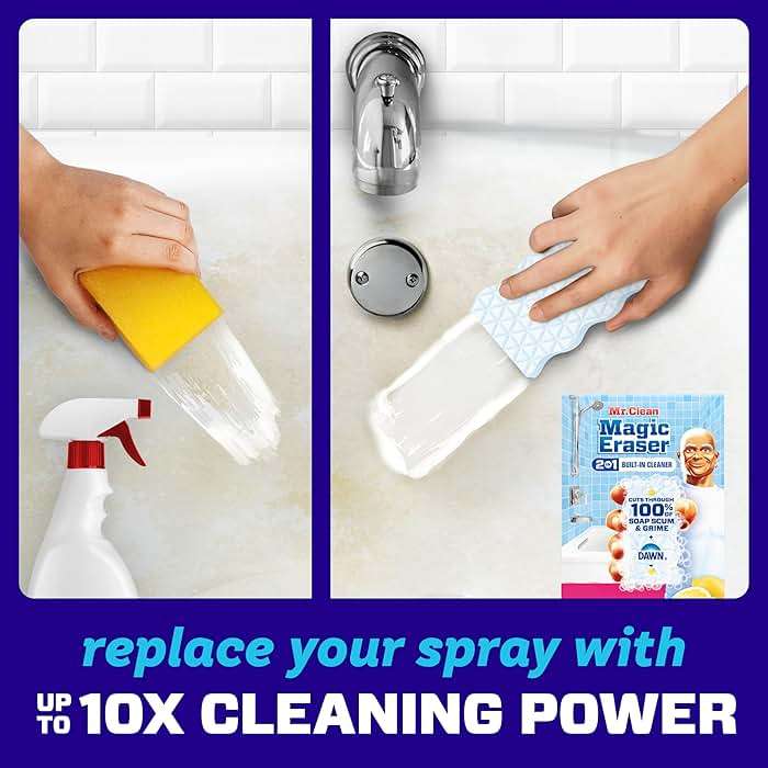 Mr. Clean Magic Eraser Sponge, Bathroom Cleaner, Shower Cleaner, Tub Cleaner, Soap Scum Remover, Bathroom Cleaning Supplies, Dawn Cleaning Power with Lemon Scent, 2 in 1 Bath, 5ct - Image 3
