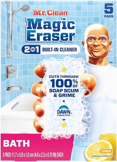 Mr. Clean Magic Eraser Sponge, Bathroom Cleaner, Shower Cleaner, Tub Cleaner, Soap Scum Remover, Bathroom Cleaning Supplies, Dawn Cleaning Power with Lemon Scent, 2 in 1 Bath, 5ct - Image 10