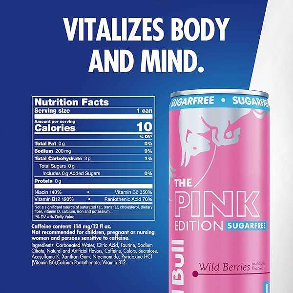 Red Bull Pink Edition Sugar-Free Energy Drink, Wild Berries, with 114 mg Caffeine plus Taurine & B Vitamins, 12 Fl Oz, Pack of 24 Cans - Image 2
