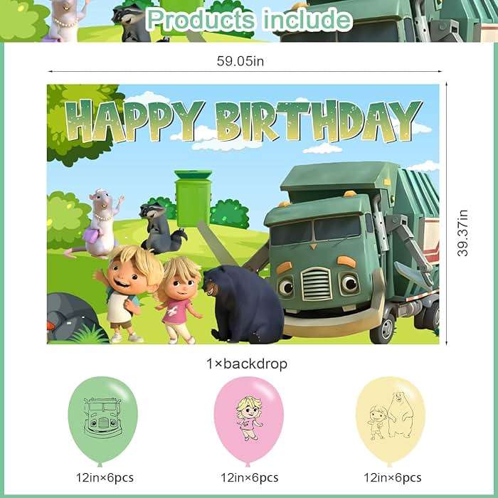Ezcpigei Trash Truck Birthday Banner - 5x3ft, Green, 18pcs Balloons, Indoor, Wall Mount, Rectangular, Standard Banner, Waste Management Facility/Garbage Dump Theme, Children, Birthday Occasion - Image 2