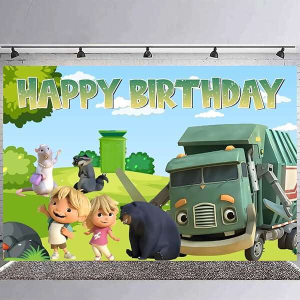 Ezcpigei Trash Truck Birthday Banner - 5x3ft, Green, 18pcs Balloons, Indoor, Wall Mount, Rectangular, Standard Banner, Waste Management Facility/Garbage Dump Theme, Children, Birthday Occasion - Image 3