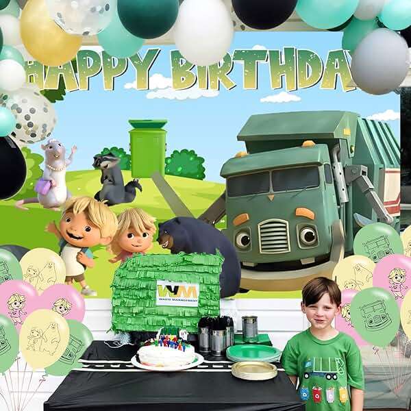 Ezcpigei Trash Truck Birthday Banner - 5x3ft, Green, 18pcs Balloons, Indoor, Wall Mount, Rectangular, Standard Banner, Waste Management Facility/Garbage Dump Theme, Children, Birthday Occasion - Image 4