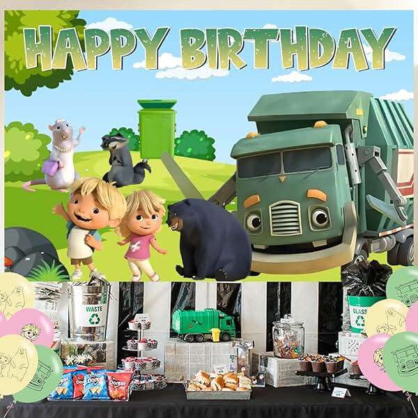 Ezcpigei Trash Truck Birthday Banner - 5x3ft, Green, 18pcs Balloons, Indoor, Wall Mount, Rectangular, Standard Banner, Waste Management Facility/Garbage Dump Theme, Children, Birthday Occasion - Image 5