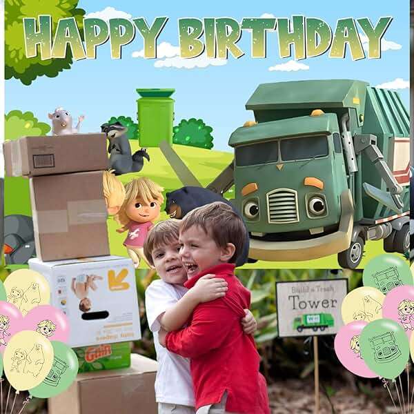 Ezcpigei Trash Truck Birthday Banner - 5x3ft, Green, 18pcs Balloons, Indoor, Wall Mount, Rectangular, Standard Banner, Waste Management Facility/Garbage Dump Theme, Children, Birthday Occasion - Image 7