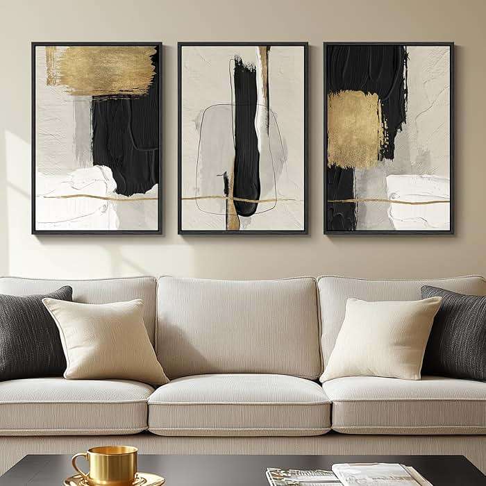 Framed Black and White Abstract Wall Art, 3 Piece Canvas Prints Paintings Artwork for Walls, Modern Minimalist Gold Beige Block Pictures for Living Room Hallway Office Wall Decor 16x24 Inch - Image 1