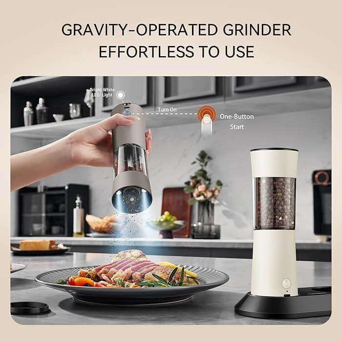 Electric Salt and Pepper Grinder Set, Stainless Steel Automatic Pepper Mill, Rechargeable with USB-C Charging Base, Gravity Activated One-Handed Operation, Dual LED Light, 2 Pack - Image 3