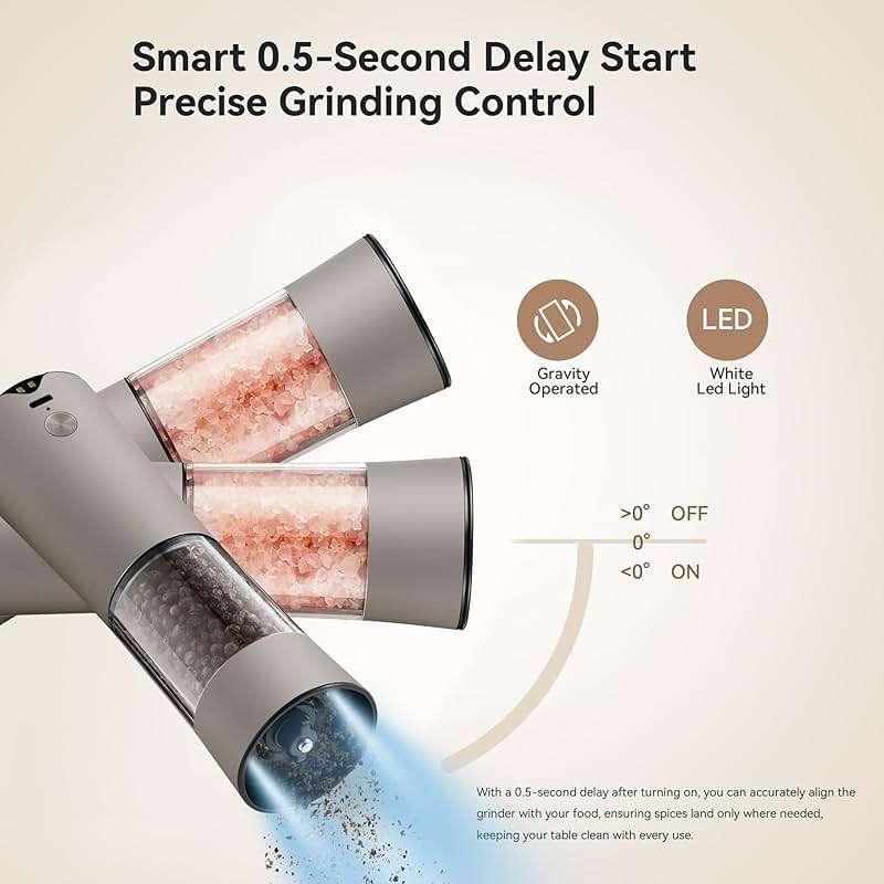 Electric Salt and Pepper Grinder Set, Stainless Steel Automatic Pepper Mill, Rechargeable with USB-C Charging Base, Gravity Activated One-Handed Operation, Dual LED Light, 2 Pack - Image 4