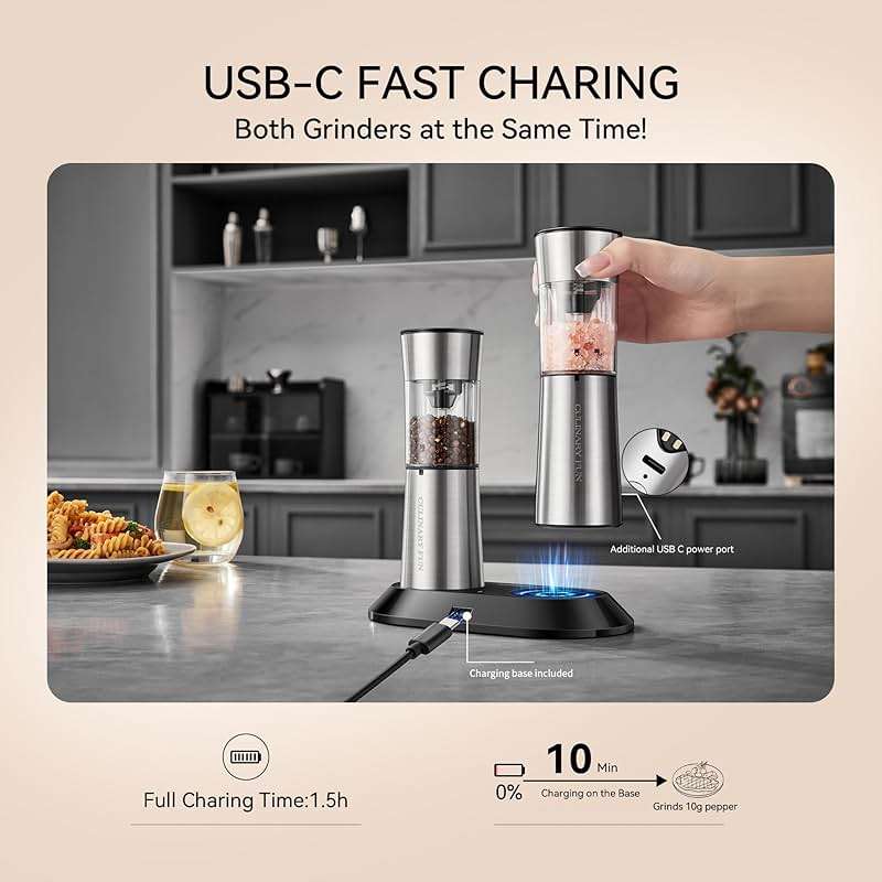 Electric Salt and Pepper Grinder Set, Stainless Steel Automatic Pepper Mill, Rechargeable with USB-C Charging Base, Gravity Activated One-Handed Operation, Dual LED Light, 2 Pack - Image 6