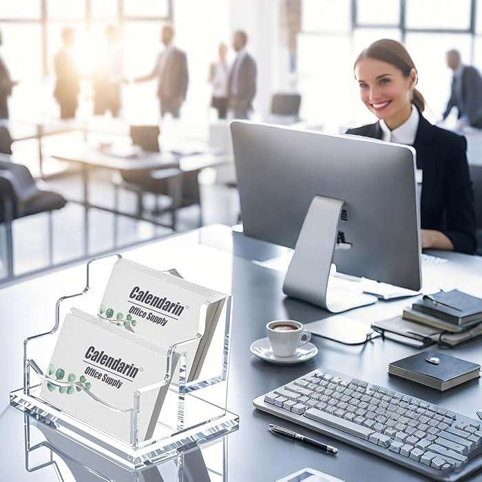 Calendarin Acrylic Business Card Holder for Desk, Clear, Horizontal, 2-Slot - Image 2