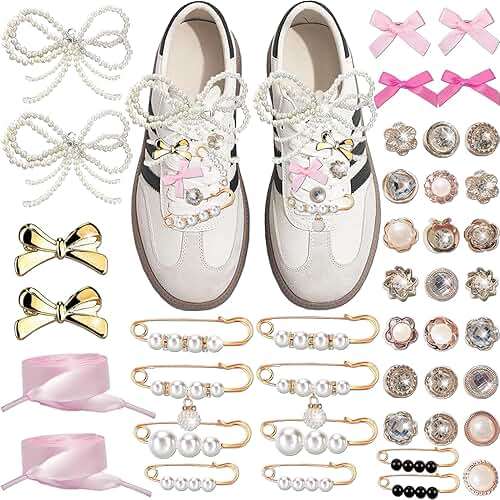 Pazpsar Shoe Charms for Sneakers, 42Pcs Ribbon Shoe Laces Women Shoelace Charms with Bows/Clips/Pins/Jewelry,Sock Shoe Decoration Charms,Shoe Jewelry for Sneakers,Hot Pink Shoe Accessories - Image 1
