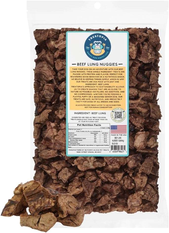 TREATOPIA Beef Lung Nuggies Dog Treats, 1 LB Bag - All-Natural, Sustainable, Healthy, High Protein, Hand-Trimmed, Slow-Roasted, Made in The USA, Nutritious, No Additives, No Fillers - Image 1