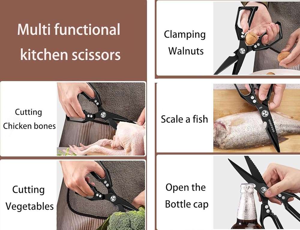 Multi-Purpose Rust Proof Kitchen Shears, Heavy Duty Meat Scissors, Dishwasher Safe, for Chicken, Vegetables, Steak, Fish Scaling & Bottle Opener(Black) - Image 5