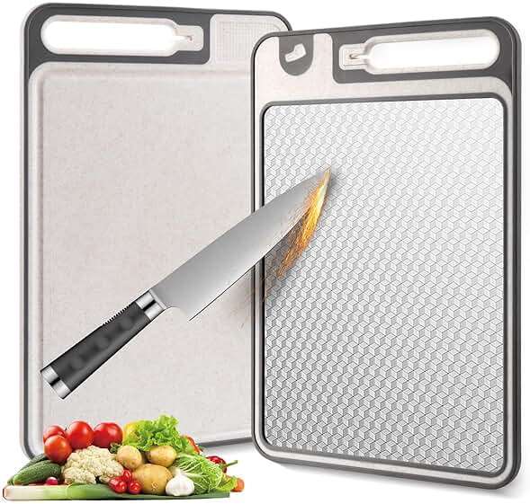 2 In 1 Cutting Boards Non Toxic for Gourmet Kitchen Aficionados - 304 Stainless Steel and Food Grade Wheat Straw Double Sided Design - Scratch-Resistant Mesh - Easy-Clean With Juice Groove (15”×10”) - Image 1