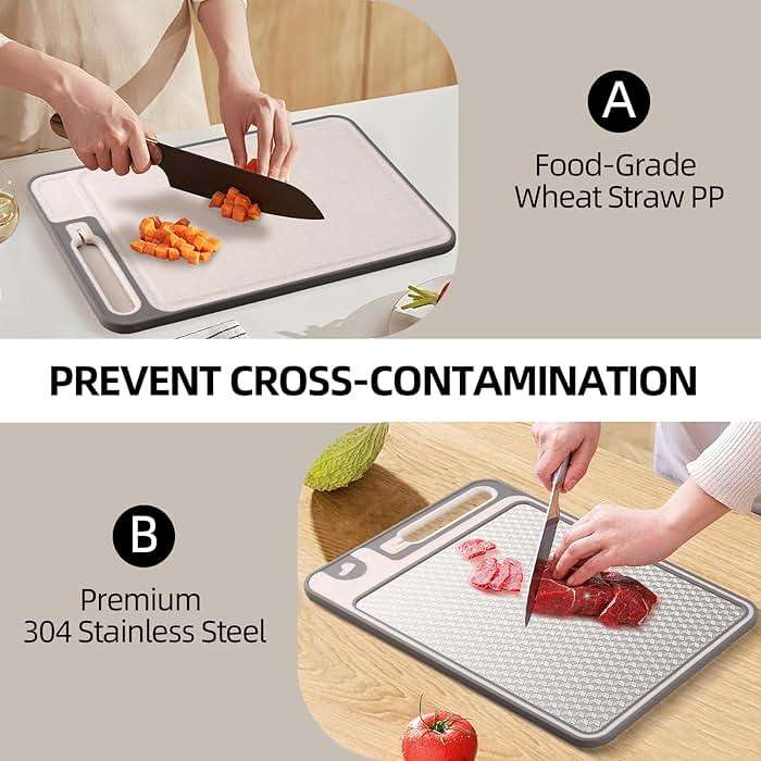 2 In 1 Cutting Boards Non Toxic for Gourmet Kitchen Aficionados - 304 Stainless Steel and Food Grade Wheat Straw Double Sided Design - Scratch-Resistant Mesh - Easy-Clean With Juice Groove (15”×10”) - Image 4