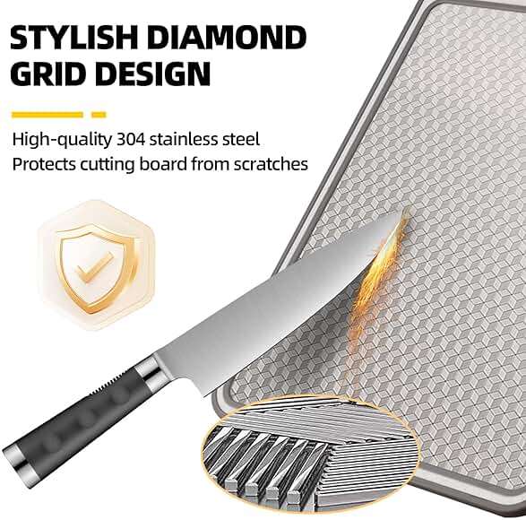 2 In 1 Cutting Boards Non Toxic for Gourmet Kitchen Aficionados - 304 Stainless Steel and Food Grade Wheat Straw Double Sided Design - Scratch-Resistant Mesh - Easy-Clean With Juice Groove (15”×10”) - Image 5