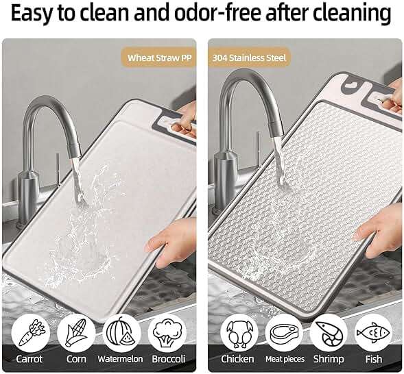 2 In 1 Cutting Boards Non Toxic for Gourmet Kitchen Aficionados - 304 Stainless Steel and Food Grade Wheat Straw Double Sided Design - Scratch-Resistant Mesh - Easy-Clean With Juice Groove (15”×10”) - Image 6