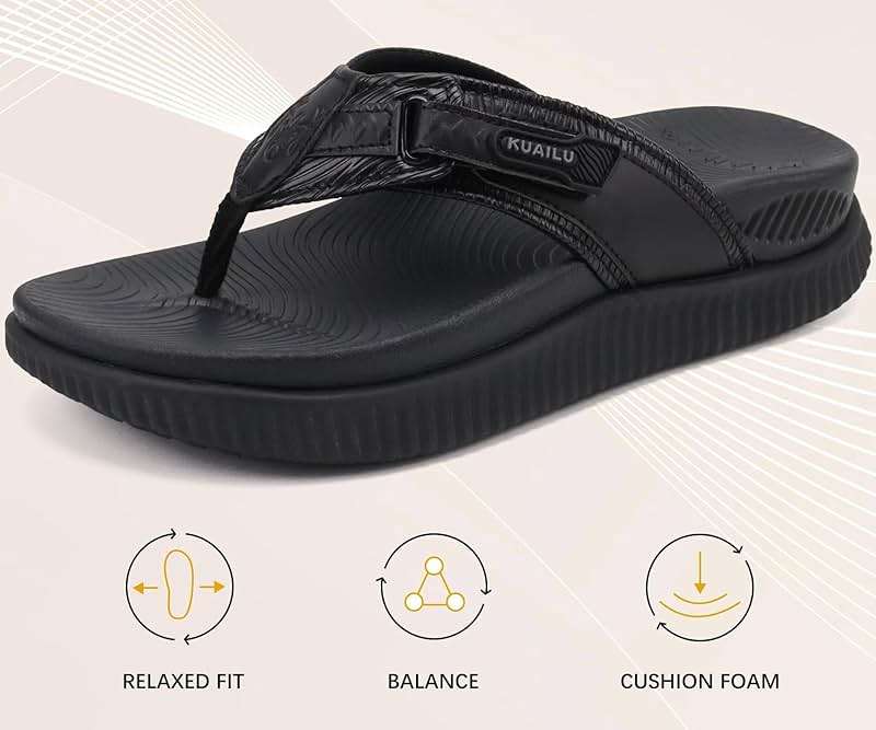 KuaiLu Womens Orthopedic Sandals Arch Support Recovery Flip Flops Wedge Heel Cushion Walking Slides Summer Beach Vacation Outfits Slippers Shoes For Plantar Fasciitis Footwear, Black Size 8 - Image 7