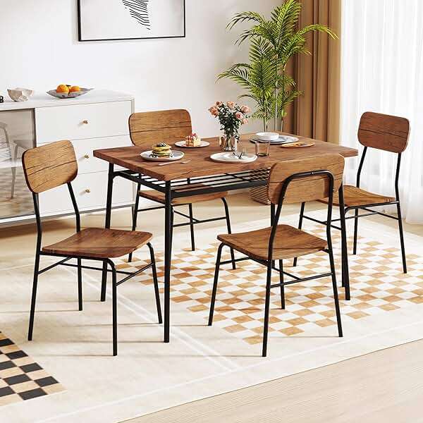 GOFLAME 5-Piece Dining Table Set for 4, Wood Rectangular Kitchen Table & Chairs Set with Metal Frame, Storage Rack, Space-Saving Industrial Dinette Set for Dining Room, Living Room, Breakfast Nook - Image 1
