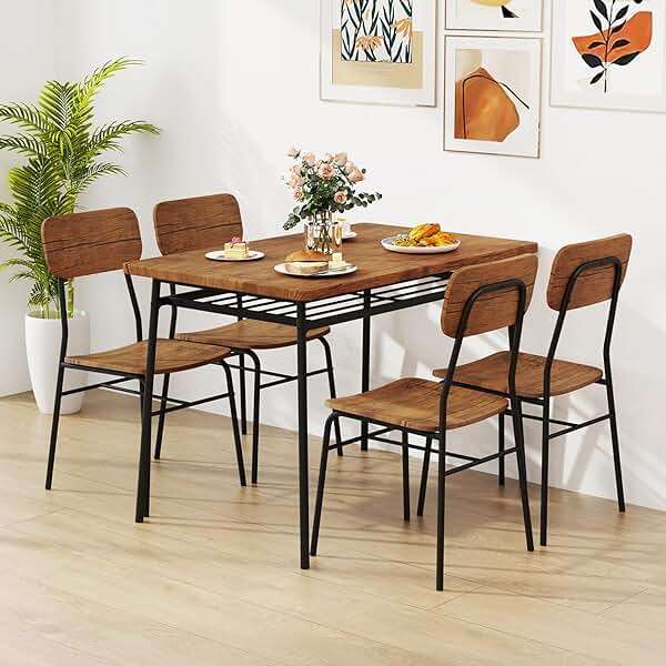 GOFLAME 5-Piece Dining Table Set for 4, Wood Rectangular Kitchen Table & Chairs Set with Metal Frame, Storage Rack, Space-Saving Industrial Dinette Set for Dining Room, Living Room, Breakfast Nook - Image 3