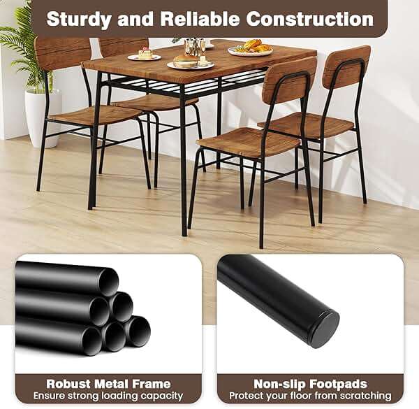 GOFLAME 5-Piece Dining Table Set for 4, Wood Rectangular Kitchen Table & Chairs Set with Metal Frame, Storage Rack, Space-Saving Industrial Dinette Set for Dining Room, Living Room, Breakfast Nook - Image 7