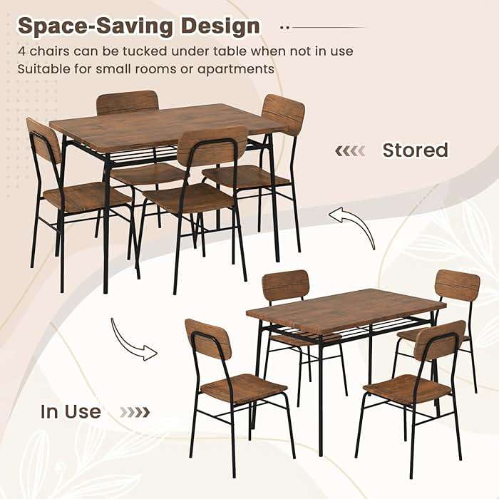GOFLAME 5-Piece Dining Table Set for 4, Wood Rectangular Kitchen Table & Chairs Set with Metal Frame, Storage Rack, Space-Saving Industrial Dinette Set for Dining Room, Living Room, Breakfast Nook - Image 8