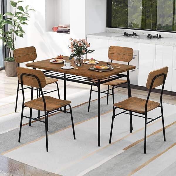 GOFLAME 5-Piece Dining Table Set for 4, Wood Rectangular Kitchen Table & Chairs Set with Metal Frame, Storage Rack, Space-Saving Industrial Dinette Set for Dining Room, Living Room, Breakfast Nook - Image 9