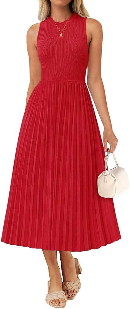 ZESICA Women's Summer Sleeveless Sweater Dresses 2026 Crewneck Knit Pleated A Line Flowy Business Formal Party Midi Dress - Image 1