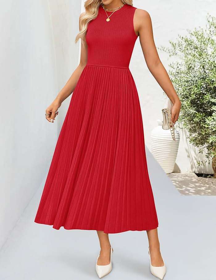 ZESICA Women's Summer Sleeveless Sweater Dresses 2026 Crewneck Knit Pleated A Line Flowy Business Formal Party Midi Dress - Image 2