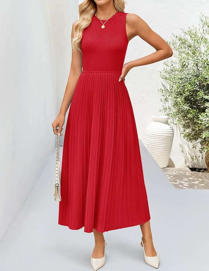 ZESICA Women's Summer Sleeveless Sweater Dresses 2026 Crewneck Knit Pleated A Line Flowy Business Formal Party Midi Dress - Image 3