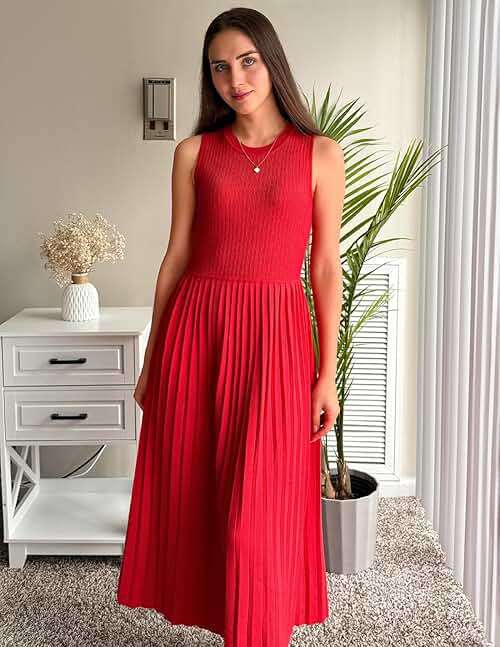ZESICA Women's Summer Sleeveless Sweater Dresses 2026 Crewneck Knit Pleated A Line Flowy Business Formal Party Midi Dress - Image 4