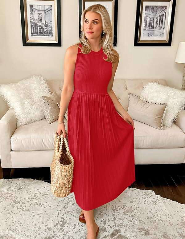 ZESICA Women's Summer Sleeveless Sweater Dresses 2026 Crewneck Knit Pleated A Line Flowy Business Formal Party Midi Dress - Image 5