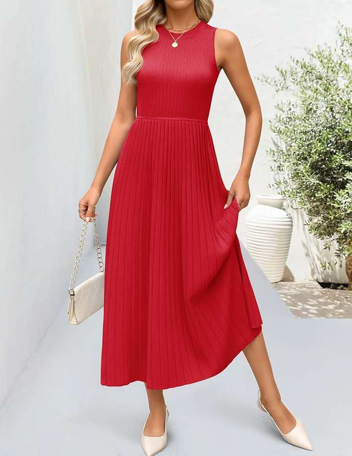 ZESICA Women's Summer Sleeveless Sweater Dresses 2026 Crewneck Knit Pleated A Line Flowy Business Formal Party Midi Dress - Image 8