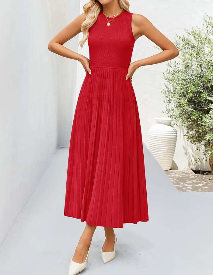 ZESICA Women's Summer Sleeveless Sweater Dresses 2026 Crewneck Knit Pleated A Line Flowy Business Formal Party Midi Dress - Image 9