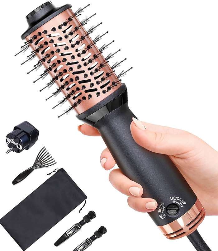 Travel Dual Voltage Hair Dryer Brush, Small Hot Air Brush for European Travel, Compact 2 Inch One Step Blowout and Volumizer Hair Blow Dryer with Oval Design, Rose Gold - Image 1