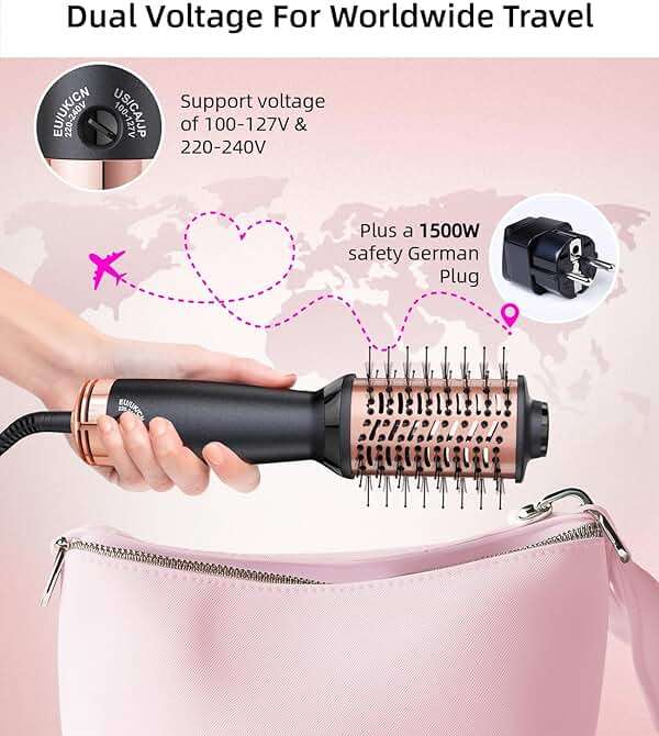 Travel Dual Voltage Hair Dryer Brush, Small Hot Air Brush for European Travel, Compact 2 Inch One Step Blowout and Volumizer Hair Blow Dryer with Oval Design, Rose Gold - Image 2