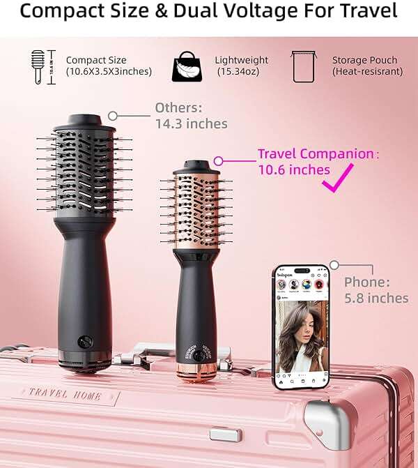 Travel Dual Voltage Hair Dryer Brush, Small Hot Air Brush for European Travel, Compact 2 Inch One Step Blowout and Volumizer Hair Blow Dryer with Oval Design, Rose Gold - Image 3